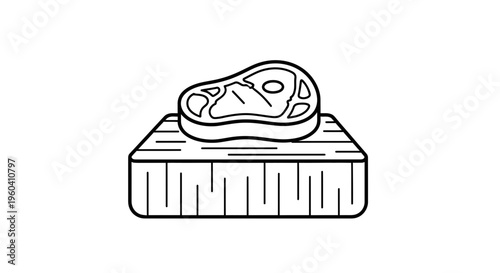 Raw Steak on Wooden Cutting Board Icon, Minimalist Line Art Food Illustration