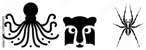 Three stylized animal octopus with curled tentacles, panther head with stylized eyes, spider with segmented legs. Flat vector art, isolated symbols, graphic design elements.