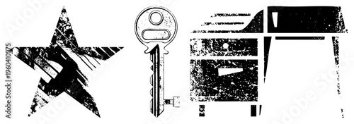 Distressed black vector star, key, desk. Graphic elements with grunge texture, isolated symbols, flat design, high contrast.