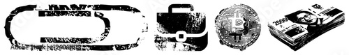 Textured black and white vector chain, briefcase, Bitcoin coin, cash stack. Urban, gritty, financial, tech, business, crypto, money, finance, digital assets.
