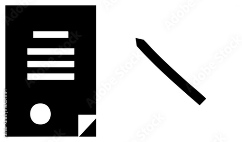 Black and white vector showing a paper document with and a circular element, paired with a pen symbol, representing writing, signing, or editing tasks.