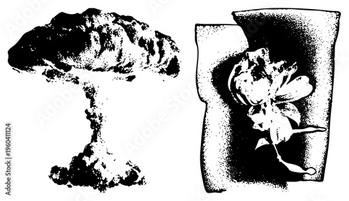 Black and white halftone illustrations of nuclear mushroom cloud and stylized flower in vase, graphic design elements, vector art, isolated foreground, dot matrix texture, stark contrast.