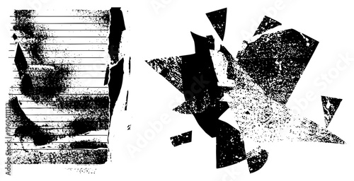 Dynamic black abstract forms with halftone grain, splattered geometric, vector art, stark contrast composition, graphic design element.