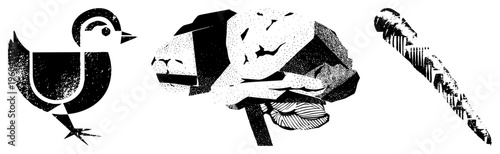 Graphic featuring a bird, brain, and DNA strand rendered in black and white with halftone, geometric, and stippled ideal for scientific, educational, or design projects.