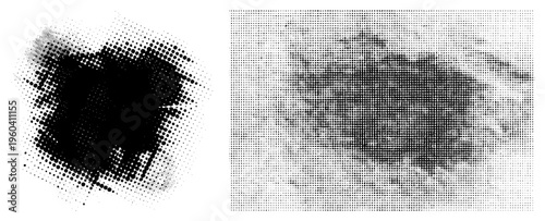 Black halftone ink splatter, dotted gradient texture, graphic design element, vector illustration, abstract composition, print art, typography background.