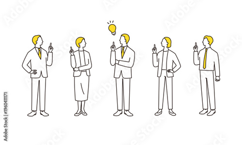 問題が解決したビジネスチームの線画イラストセット