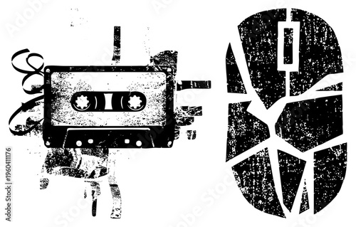 Retro cassette tape with loose tape spool, distressed texture, paired with stylized broken disc graphic, nostalgic music, analog symbol.
