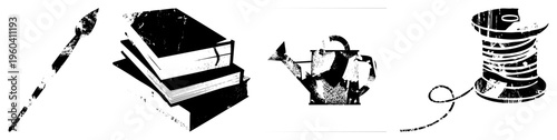 Stylized black and white vector with distressed texture, paintbrush for art, stacked books for reading, watering can for gardening, spool of thread for sewing all with halftone grain effect.