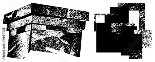 Stylized 3D cubes rendered in halftone dot, abstract geometric forms, minimalist vector art, digital graphic design, composition.