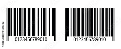 Two universal product code (UPC) barcodes with numerical sequences isolated on white background for retail and inventory purposes