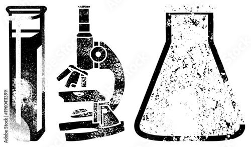Laboratory glassware and microscope illustration, scientific tools, research equipment, biology chemistry, educational science.