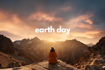 Person sitting on mountain enjoying earth day sunset