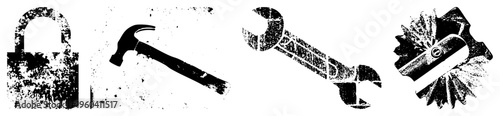 Rustic black and white tool graphics with distressed texture, including padlock, hammer, wrench, and circular saw blade, ideal for repair or construction themes.