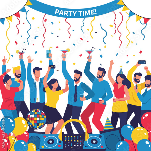 Festive crowd celebrating with drinks, music, and confetti