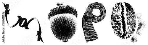 Artistic ink strokes, circular halftone textures, coiled forms, textured oval shapes, vector design, graphic art elements, isolated foreground.