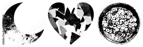 Emotional symbols rendered in gritty halftone style fractured heart, moon, cereal bowl vector illustrations with distressed textures and isolated foregrounds.
