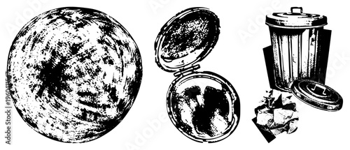 Planet Earth with textured surface, open trash can with waste, metal garbage bin, environmental waste, urban litter, items, eco themed vector.