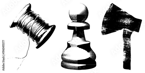 Classic halftone vector thread spool, chess pawn,, gritty texture, isolated graphic elements for design use.