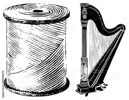 Black and white vector sketch of thread spool and harp, classic craftsmanship, textile and musical instrument, engraved detailing, artistic art.