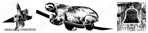 Illustrated sloth in woodcut print style, hanging from branch, accompanied by star and bell, rustic black and white, hand drawn engraving aesthetic.