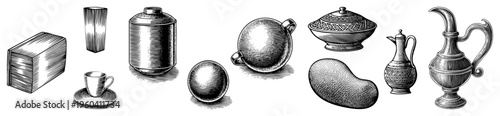 Antique style ceramic jars, ornate pitchers, and metal containers with intricate hatching, hand drawn vintage illustration, isolated objects on transparent background.