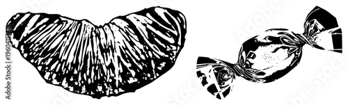 Artistic sketch of croissant pastry and wrapped candy, stylized graphic, food illustration, design, confectionery.