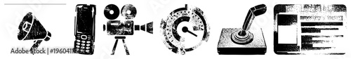 Retro tech symbols including megaphone, flip phone, film camera, speedometer, game joystick, and tablet interface, rendered in gritty halftone style.