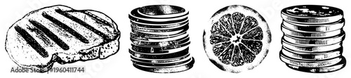 Black and white halftone illustrations grilled bread, coin stack, citrus slice, coin pile graphic design elements, isolated vector, food and finance symbols.