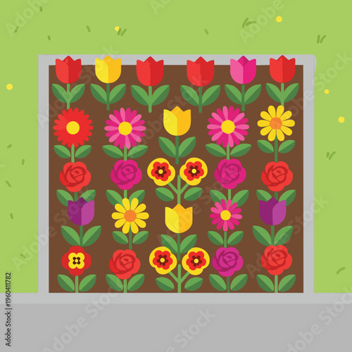 A vibrant, colorful flowerbed displaying a pattern of stylized flowers in rows