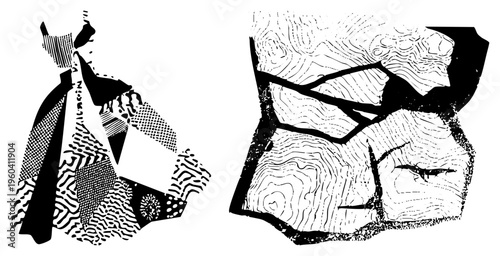 Stylized graphic shapes with varied halftone fills, bold, and fragmented forms, vector art, isolated design elements, graphic composition.