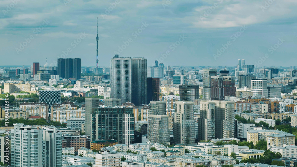 Fototapeta premium Moscow cityscape panorama featuring modern buildings and the iconic Ostankino Tower