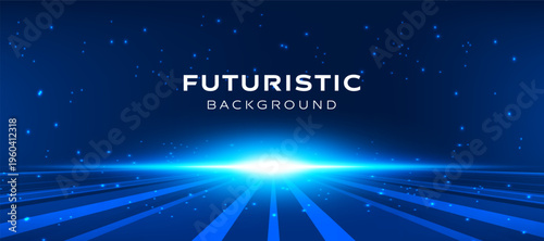 Futuristic blue technology background glowing horizon with light streak perspective.
Abstract sci fi digital speed lines vector, dark gradient space backdrop. banner