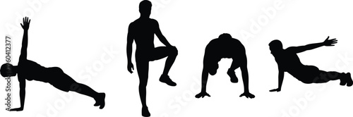 Vector silhouettes of bodyweight exercises showing side plank, high knee, deep squat, and stretching positions for fitness, training, health, wellness illustration.