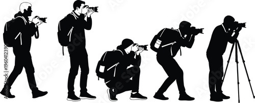 Silhouettes of photographers in diverse shooting poses with cameras, elegant outline design symbolizing photography, technique, creativity themes