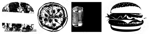 Stylized food silhouettes with distressed texture, including burger, sliced pizza, soda can, and abstract half moon, vector graphic,, isolated elements.
