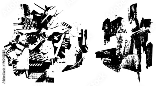 Fragmented mechanical forms, industrial glyphs, abstract machinery, vector art, composition, stylized gear, mechanical abstraction.