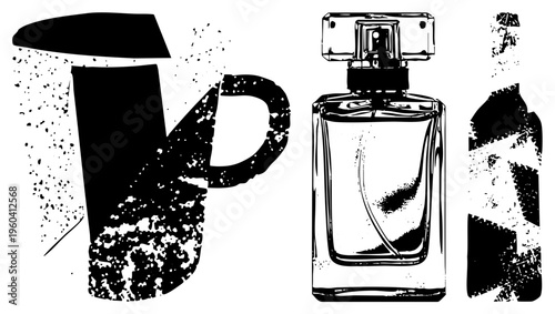 Black and white vector illustration of a mug, perfume bottle, and wine bottle with distressed textures, isolated foreground, halftone grain, artistic rendering, stylized containers.