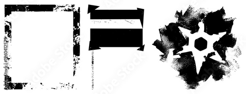 Textured black vector including frame, directional arrow, and starburst graphic, distressed aesthetic, design elements, isolated shapes, halftone style, gritty vector art.