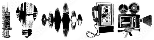 Retro syringe, lightbulb, soundwave, rotary phone, film camera classic tech symbols rendered in gritty halftone vector art, isolated cutout for design use.