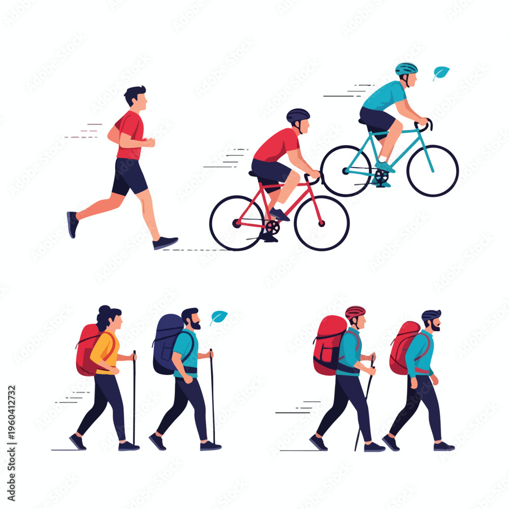 Fototapeta premium People engaged in outdoor recreational activities like running, cycling, and hiking