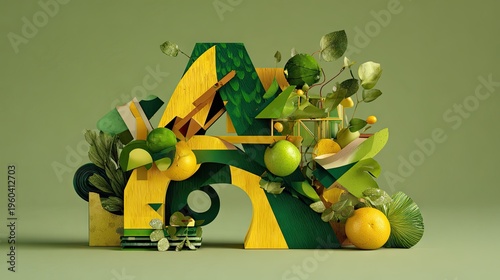 Stylized depiction of the letter A incorporates natural elements and abstract geometric shapes