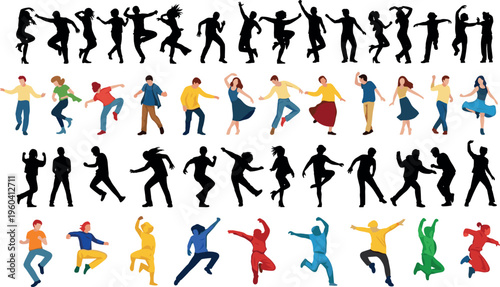 Vector illustration of dancers in silhouette and color, symbolizing movement, rhythm, energy, diversity, celebration, and artistic expression