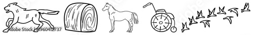 Animal and object in minimalist style leaping dog, rolled hay bale, standing horse, manual wheelchair, flock of birds in flight all isolated vector graphics.