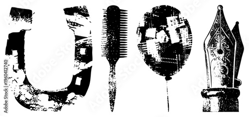 Retro graphic letter U, hair comb, round mirror, ornate fountain pen nib. Grunge texture, black and white, vector art, isolated elements.