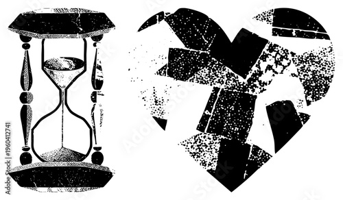 Fragile heart shattered into pieces, hourglass with sand flowing, emotional symbolism, time passing, love loss, vintage graphic, halftone texture.