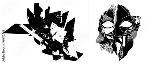 Bold graphic mask with stylized eyes and fragmented geometric shapes, vector art, abstract design, halftone texture, graphic illustration, modern art, stencil effect, black and white composition.