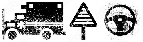 Vector of ambulance, yield sign, and steering wheel, isolated, distressed texture,, symbolic design, for UI or safety graphics.