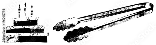 Festive cake with three candles, tongs for serving, black and white halftone style, celebratory dessert, party food, birthday treat.