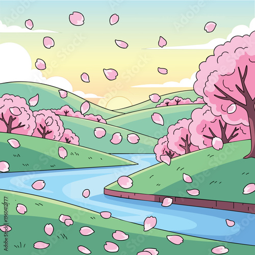 Pink cherry blossoms fall gracefully onto rolling green hills beside a blue river