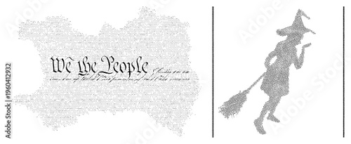 Witch figure holding broom, crafted from U.S. Constitution text, symbolism, legal document art, halftone style, political commentary, Americana graphic.